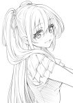  1girl :d eyebrows eyebrows_visible_through_hair gan_(shanimuni) hair_between_eyes hair_over_shoulder hair_ribbon highres long_hair looking_at_viewer looking_to_the_side mahou_shoujo_madoka_magica mahou_shoujo_suzune_magica monochrome narumi_arisa official_art open_mouth profile ribbon short_sleeves sketch smile solo sweater_vest twintails upper_body very_long_hair 