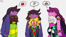  1boy 1other 2girls antlers armlet blonde_hair blush bracelet brown_hair colored_skin deer_antlers deer_girl deltarune furry furry_female furry_male glasses goat_boy goat_horns head_on_head head_rest highres horns jewelry kris_(deltarune) mrkimo multiple_girls noelle_holiday purple_hair purple_skin ralsei round_eyewear short_tail speech_bubble spiked_armlet spiked_bracelet spikes susie_(dark_world)_(deltarune) susie_(deltarune) tail thought_bubble 