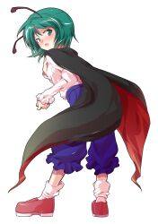  1girl alphes_(style) antennae back black_cape blue_shorts blush buttons cape collared_shirt commentary_request dairi full_body green_eyes green_hair imperishable_night juliet_sleeves large_variant_set loafers long_sleeves open_mouth parody puffy_sleeves red_cape red_shoes rider_kick shirt shirt_tucked_in shoes short_hair shorts socks solo style_parody tachi-e touhou transparent_background two-sided_cape two-sided_fabric variant_set white_shirt white_socks wriggle_nightbug 