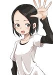  1girl absurdres black_hair brown_eyes collarbone ears eyebrows forehead highres looking_at_viewer open_hand open_mouth shirt short_hair undershirt waving white_background white_shirt yamamoto_souichirou 