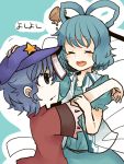  2girls blue_dress blue_hair blush closed_eyes dress grey_eyes hair_ornament hair_stick hand_on_another&#039;s_head hat itomugi-kun kaku_seiga miyako_yoshika multiple_girls ofuda open_mouth outstretched_arms star touhou translation_request zombie_pose 