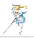  1girl blonde_hair blue_ribbon card collarbone dress frilled_dress frills green_eyes hair_ornament holding holding_sword holding_weapon leafa long_hair looking_at_viewer pantyhose pointy_ears ribbon simple_background smile solo sword sword_art_online sword_art_online:_code_register watermark weapon white_background white_legwear 