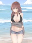  1girl bare_shoulders bikini bikini_under_clothes black_bikini blue_shorts blue_sky blush braid breasts brown_hair buttons cleavage closed_mouth collarbone day denim denim_shorts embarrassed green_eyes grey_shirt hair_tie highres horizon kantai_collection large_breasts legs_apart long_hair long_sleeves looking_at_viewer navel noshiro_(kantai_collection) ocean off_shoulder open_clothes open_fly open_shirt shirt short_shorts shorts sky solo standing stomach summer swimsuit twin_braids unbuttoned unzipped urigarasu water waves 