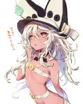  1girl blush breasts dark_skin guilty_gear guilty_gear_xrd hat long_hair navel open_mouth oro_(sumakaita) ramlethal_valentine small_breasts solo translation_request white_hair yellow_eyes 