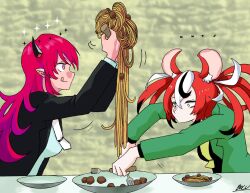  ... 2girls animal_ears arsene_lupin_iii arsene_lupin_iii_(cosplay) black_hair black_jacket blazer bolu castle_of_cagliostro closed_mouth commentary cosplay english_commentary food fork green_eyes green_jacket hakos_baelz highres holding holding_fork hololive hololive_english irys_(hololive) jacket jigen_daisuke jigen_daisuke_(cosplay) long_hair lupin_iii meatball mouse_ears mouse_girl multicolored_hair multiple_girls necktie pasta pink_hair plate pointy_ears red_hair signature smile spaghetti spaghetti_and_meatballs spoken_ellipsis streaked_hair upper_body very_long_hair virtual_youtuber white_hair white_necktie yellow_necktie 