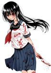  1girl :q arms_behind_back attsun_(atsushi_jb) black_hair blood blood_on_arm blood_on_face bloody_clothes bloody_knife blue_skirt closed_mouth holding holding_knife knife neckerchief original pleated_skirt red_eyes school_uniform serafuku shaded_face shirt simple_background skirt smile solo tongue tongue_out white_background white_shirt 