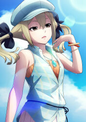  1girl bare_shoulders black_bow black_ribbon blonde_hair blue_jacket blue_sky blue_vest blurry bokeh bow breasts buttons casual checkered_clothes checkered_jacket clouds cloudy_sky collarbone depth_of_field dress fanning_face fanning_self from_below from_side hair_bow hair_ribbon highres jacket jewelry koujiro_frau looking_up multiple_hair_bows necklace open_collar open_mouth orange_dress partially_unbuttoned pleated_dress ribbon robotics;notes sidelocks sky sleeveless sleeveless_jacket small_breasts standing summer sunlight sweat taba_neruko tongue twintails vest yellow_eyes 