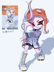 1girl bike_shorts black_shorts boots closed_mouth commentary_request game_screenshot_inset glint grey_jacket gun highres holding holding_gun holding_weapon jacket lace-up_boots long_hair multiple_views octoling octoling_girl octoling_player_character oka_kabe orange_hair red_eyes reference_inset shadow short_eyebrows shorts smile splatoon_(series) splatoon_3 splattershot_(splatoon) standing tentacle_hair thick_eyebrows translation_request weapon white_background white_boots zipper 
