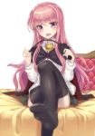  1girl asisuki bed black_legwear black_skirt cape convenient_leg dress_shirt legs_crossed long_hair looking_at_viewer louise_francoise_le_blanc_de_la_valliere open_mouth pentacle pink_eyes pink_hair shirt sitting skirt thigh-highs whip zero_no_tsukaima zettai_ryouiki 