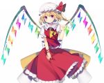  1girl :q arm_ribbon ascot blonde_hair blush crystal flandre_scarlet frilled_shirt_collar frilled_skirt frilled_sleeves frills hat hat_ribbon highres koto_seori looking_at_viewer mob_cap puffy_short_sleeves puffy_sleeves red_eyes red_ribbon red_shirt red_skirt ribbon shirt short_sleeves side_ponytail simple_background skirt skirt_set smile solo tongue tongue_out touhou white_background wings 
