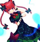  1girl :3 animal_ears arm_ribbon bell blush bow bowtie braid cat_ears cat_girl cat_tail dress extra_ears green_bow green_dress hair_bow highres jingle_bell kaenbyou_rin koto_seori looking_at_viewer paw_pose puffy_short_sleeves puffy_sleeves red_bow red_bowtie red_eyes redhead ribbon short_hair_with_long_locks short_sleeves smile solo tail touhou twin_braids wrist_cuffs 
