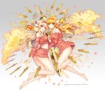  2girls ahoge ass bare_legs bare_shoulders barefoot between_breasts blonde_hair blush dagger dress dual_persona electricity flying green_eyes hairband hand_between_breasts leone_(million_arthur) long_hair looking_at_viewer low_twintails million_arthur_(series) multiple_girls offcar official_art red_eyes sleeves_past_wrists star sweater sweater_dress torn_clothes twintails weapon 
