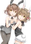  2girls :o animal_ears bare_shoulders blush brown_hair bunny_tail bunnysuit detached_collar fake_animal_ears fang fishnet_pantyhose fishnets frilled_shorts frills hair_ornament hairclip hand_holding ikazuchi_(kantai_collection) inazuma_(kantai_collection) interlocked_fingers kantai_collection leotard looking_at_viewer multiple_girls open_mouth pantyhose rabbit_ears short_hair shorts simple_background tail wataame27 white_background wrist_cuffs 
