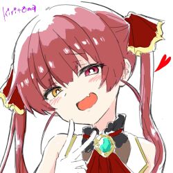  1girl :d bare_shoulders blush commentary_request fang gloves hair_between_eyes hair_ribbon hand_up head_tilt heart heterochromia highres hololive houshou_marine houshou_marine_(1st_costume) kiritoma long_hair looking_at_viewer orange_eyes red_hair red_ribbon ribbon signature simple_background sleeveless sleeveless_jacket smile solo twintails upper_body v violet_eyes virtual_youtuber white_background white_gloves 