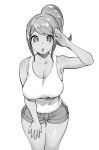  1girl :o asahina_aoi bare_shoulders breasts cleavage dangan_ronpa denim denim_shorts detached_sleeves greyscale highres hips large_breasts long_hair looking_at_viewer monochrome parted_lips ponytail short_hair shorts simple_background solo tank_top thigh_gap thighs white_background yzh_chan 