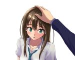  1girl blush brown_hair earrings from_above green_eyes idolmaster idolmaster_cinderella_girls jewelry long_hair looking_at_viewer majrise necklace necktie petting pov school_uniform shibuya_rin simple_background solo_focus 