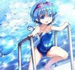  1girl blue_eyes blue_hair cirno competition_school_swimsuit goggles goggles_on_head hakkotsu_shitai ice ice_wings pointy_ears pool_ladder poolside school_swimsuit short_hair solo swimsuit touhou water wet wet_clothes wet_swimsuit wings 