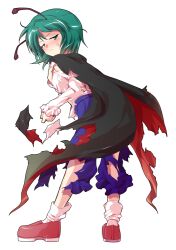  1girl alphes_(style) antennae back black_cape blue_shorts blush buttons cape closed_mouth collared_shirt commentary_request dairi defeat full_body green_eyes green_hair half-closed_eyes imperishable_night juliet_sleeves large_variant_set loafers long_sleeves parody puffy_sleeves red_cape red_shoes rider_kick shirt shirt_tucked_in shoes short_hair shorts socks solo style_parody sweatdrop tachi-e torn_clothes touhou transparent_background two-sided_cape two-sided_fabric variant_set white_shirt white_socks wriggle_nightbug 