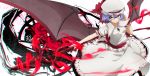  1girl aono_meri bat_wings bespectacled black-framed_eyewear glasses hat hat_ribbon lavender_hair looking_at_viewer mob_cap outstretched_arm puffy_sleeves red_eyes remilia_scarlet ribbon sash shirt short_hair short_sleeves skirt skirt_set smile solo spear_the_gungnir touhou upskirt wings 