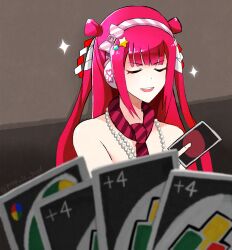  1girl beatmania_iidx bemani closed_eyes commentary_request grey_background headphones highres imminent_uno_loss_(meme) jewelry long_hair meme necklace necktie open_mouth pearl_necklace prop_is_god red_hair red_necktie smile solo sparkle striped_necktie umegiri_ameto uno_(game) upper_body 
