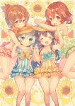  4girls akatsuki_(kantai_collection) bare_legs blue_eyes blue_hair blue_swimsuit blush brown_eyes brown_hair casual_one-piece_swimsuit closed_eyes covered_navel flower folded_ponytail food fruit gluteal_fold green_swimsuit hair_ornament hairclip hat hibiki_(kantai_collection) ikazuchi_(kantai_collection) inazuma_(kantai_collection) kantai_collection long_hair looking_at_viewer multiple_girls one-piece_swimsuit open_mouth purple_hair red_swimsuit sidelocks smile star striped striped_swimsuit sun_hat sunflower suzuho_hotaru swimsuit vertical_stripes watermelon yellow_swimsuit 