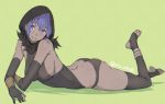  1girl anklet ass assassin_(fate/prototype_fragments) bare_shoulders barefoot black_gloves black_legwear black_panties blue_eyes blue_hair blush breasts butt_crack dark_skin dimples_of_venus elbow_gloves fate/grand_order fate/prototype fate/prototype:_fragments_of_blue_and_silver fate_(series) gloves hood jewelry large_breasts looking_at_viewer lying on_stomach panties partly_fingerless_gloves short_hair sideboob simple_background smile solo thigh-highs toeless_legwear underwear utu_(ldnsft) 