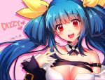  1girl 2016 :d bare_shoulders blue_hair blush breasts character_name cleavage dated detached_collar dizzy eyebrows eyebrows_visible_through_hair fujisaki_(hjsk) guilty_gear guilty_gear_xrd hair_ribbon large_breasts long_hair looking_at_viewer open_mouth pink_background red_eyes ribbon smile solo twintails yellow_ribbon 