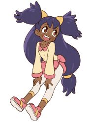 1girl :d beachepisode brown_eyes dark-skinned_female dark_skin full_body highres iris_(pokemon) long_hair long_sleeves looking_to_the_side low-tied_long_hair open_mouth pants pokemon pokemon_bw purple_hair shirt shoes smile solo teeth upper_teeth_only very_long_hair white_background white_pants yellow_shirt