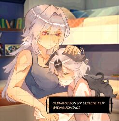  2girls animal_ears bed bedroom black_hair book bookshelf breasts commission coralie_6626_planck dog_ears dog_girl erdos_helia grey_eyes grey_hair grey_sports_bra headpat highres honkai_(series) honkai_impact_3rd hug indoors limieui long_hair medium_breasts mole mole_under_eye multicolored_hair multiple_girls smile sports_bra two-tone_hair yuri 