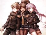  1boy 2girls ahoge arm_around_shoulder arm_around_shoulders asahina_aoi black_gloves brown_hair closed_eyes dangan_ronpa dangan_ronpa_3 doraraemon formal gloves green_eyes highres holster kirigiri_kyouko long_hair multiple_girls naegi_makoto necktie pantyhose ponytail purple_hair shorts simple_background skirt_suit smile suit suit_jacket thigh_holster violet_eyes white_background yellow_necktie 