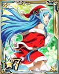  1girl asuna_(sao-alo) blue_eyes blue_hair card_(medium) gloves hair_ornament hat long_hair looking_at_viewer number off_shoulder open_mouth pointy_ears red_hat red_skirt santa_costume santa_hat skirt snowflakes solo star sword_art_online thigh-highs white_gloves white_legwear 