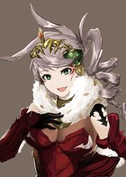  1girl :d black_gloves bodystocking breasts cleavage diamond_(shape) drill_hair eyelashes facial_mark fur_collar gloves granblue_fantasy green_eyes green_hair grey_background grey_hair hand_on_own_chest long_bust long_hair matching_hair/eyes open_mouth pale_skin queen_bee_(granblue_fantasy) side_ponytail simple_background smile solo tiara upper_body utsubokuzu 