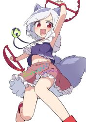  1girl animal_ears anklet bear_trap frilled_skirt frills grey_hair highres jewelry mitsugashira_enoko multicolored_hair multiple_tails pink_skirt purple_hair shirt simple_background skirt tail touhou 