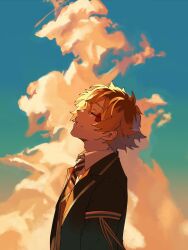  1boy absurdres ace_trappola adam's_apple arm_ribbon black_jacket closed_eyes clouds collared_shirt cumulonimbus_cloud diagonal-striped_clothes diagonal-striped_necktie facial_mark from_side head_back highres jacket lapels male_focus necktie night_raven_college_uniform notched_lapels orange_hair parted_bangs parted_lips profile ribbon roku_maruru school_uniform shirt sky solo striped_clothes suit_jacket teeth twisted_wonderland upper_body white_shirt wing_collar 