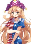  &gt;:o 1girl :o american_flag_dress blonde_hair blush clownpiece e.o. hat highres jester_cap long_hair looking_at_viewer neck_ruff open_mouth orange_eyes polka_dot short_sleeves simple_background sketch solo star star_print striped touhou very_long_hair white_background 