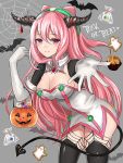  1girl adapted_costume breasts cleavage gloves hacka_doll hacka_doll_2 halloween horns large_breasts long_hair looking_at_viewer open_mouth pink_eyes pink_hair pumpkin smile solo thigh-highs trick_or_treat uanuan 