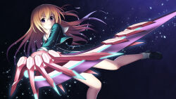  1girl black_shoes bow breasts buttons chaos;child confident cropped_jacket d-sword double-breasted dress_vest floating floating_hair hair_ribbon hekiho_academy hekiho_academy_school_uniform holding holding_sword holding_weapon huge_weapon kurusu_nono light_particles loafers long_hair looking_at_viewer medium_breasts orange_hair red_bow red_ribbon ribbon school_uniform shoes skirt smile socks solo sparkle sword taba_neruko thick_thighs thighs violet_eyes weapon white_socks 
