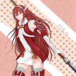  1girl armor armpits artist_name bare_shoulders cowboy_shot elbow_gloves fire_emblem fire_emblem_if gloves grey_legwear hair_between_eyes hairband head_wings highres holding holding_weapon looking_at_viewer matoi_(fire_emblem_if) nash-kun polearm red_eyes redhead signature solo spear thigh-highs weapon white_gloves zettai_ryouiki 