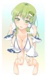  1girl bare_legs bare_shoulders barefoot bikini_top blush breasts cleavage collarbone detached_sleeves erect_nipples floral_print frog_hair_ornament full_body green_eyes green_hair hair_between_eyes hair_ornament hair_tubes head_tilt highres ichio japanese_clothes kochiya_sanae large_breasts leaning_forward long_hair long_sleeves looking_at_viewer miko open_clothes open_shirt parted_lips shiny shiny_skin shirt smile snake_hair_ornament solo touhou white_bikini_top wide_sleeves 