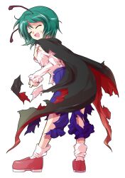  1girl alphes_(style) antennae back black_cape blue_shorts buttons cape collared_shirt commentary_request dairi defeat full_body green_hair imperishable_night juliet_sleeves large_variant_set loafers long_sleeves open_mouth parody puffy_sleeves red_cape red_shoes rider_kick shirt shirt_tucked_in shoes short_hair shorts smile socks solo style_parody sweatdrop tachi-e torn_clothes touhou transparent_background two-sided_cape two-sided_fabric variant_set white_shirt white_socks wriggle_nightbug 