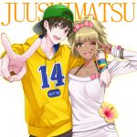  1boy 1girl ;d arm_around_shoulder backwards_hat bangle bangs baseball_cap beads black_hair blonde_hair blunt_bangs bow bracelet breasts casual character_name chimachi clothes_writing dark_skin drawstring earrings eyebrows eyebrows_visible_through_hair eyelashes fingernails flower ganguro hair_between_eyes hair_bow halter_top halterneck hat head_tilt heart heart_necklace hibiscus highres hood hood_down hoodie hoop_earrings jewelry juushiko_(osomatsu-san) lipstick long_fingernails long_hair long_sleeves looking_at_viewer makeup matsuno_juushimatsu multicolored_nail_polish nail_polish number off-shoulder_sweater one_eye_closed open_mouth osomatsu-kun osomatsu-san outstretched_arms pendant pink_bow ponytail red_nails ring small_breasts smile striped stud_earrings sweater taking_picture upper_body v very_long_hair white_background yellow_eyes 