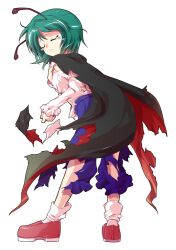  1girl alphes_(style) antennae back black_cape blue_shorts buttons cape closed_eyes closed_mouth collared_shirt commentary_request crying dairi defeat full_body green_hair imperishable_night juliet_sleeves large_variant_set loafers long_sleeves parody puffy_sleeves red_cape red_shoes rider_kick shirt shirt_tucked_in shoes short_hair shorts socks solo style_parody tachi-e tears torn_clothes touhou transparent_background two-sided_cape two-sided_fabric variant_set white_shirt white_socks wriggle_nightbug 