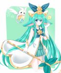  1girl animal_ears blue_eyes gloves green_hair headdress league_of_legends long_hair lulu_(league_of_legends) magical_girl pix_(league_of_legends) pleated_skirt skirt sleeveless staff star_guardian_lulu very_long_hair white_gloves yordle 