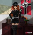  1girl absurdres desk_lamp eyepatch gloves gun hand_on_hip handgun highres holding holding_gun holding_weapon lamp luger_p08 map nazi nazi_flag neon_genesis_evangelion redhead solo souryuu_asuka_langley swastika thigh-highs thighs two_side_up weapon white_gloves 