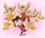  &gt;_&lt; 10s 1girl arm_up attack baseball_cap beak belt bird black_gloves blush breasts chibi closed_eyes cropped_jacket female_protagonist_(pokemon_go) fingerless_gloves flying full_body gloves hana_azuki hands_on_own_head hat hits medium_breasts open_mouth pidgey pink_background pokemon pokemon_(creature) pokemon_go ponytail running simple_background talons wince 