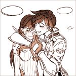  2girls arm_around_neck blush comforting commentary_request crying d.va_(overwatch) gloves hooreng hug monochrome multiple_girls open_mouth overwatch short_hair tracer_(overwatch) 