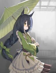  1girl ahoge animal_ears black_hair bow braid brown_hair dev_grater eyes_visible_through_hair green_bow green_kimono green_shirt hair_bow hair_over_one_eye highres holding holding_umbrella horse_ears horse_girl horse_tail japanese_clothes kimono long_hair long_sleeves low-braided_long_hair low-tied_long_hair manhattan_cafe_(umamusume) manhattan_cafe_(verdant_night)_(umamusume) multicolored_hair oil-paper_umbrella shirt single_braid skirt solo spit_take spitting tail umamusume umbrella very_long_hair water_drop white_hair white_skirt wide_sleeves 