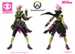  1girl alternate_costume alternate_hairstyle blizzard_(company) character_name clothes_around_waist concept_art copyright_name dark_skin earrings facial_tattoo highres jewelry john_polidora logo los_muertos_sombra midriff mohawk multiple_views navel navel_piercing official_art overwatch piercing pink_hair shoes sneakers solo sombra_(overwatch) spiky_hair tattoo 