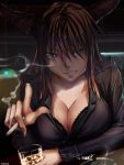  1girl 2016 alternate_breast_size alternate_costume black_bra black_jacket bra breasts brown_eyes brown_hair ceiling_light character_name cigarette cleavage clenched_teeth close-up collarbone dated eru_(9878622) fang fingernails highres holding_cigarette horns ibuki_suika ice ice_cube jacket long_fingernails long_hair long_sleeves looking_to_the_side older oni parted_lips pink_lips smoke solo teeth touhou underwear upper_body 
