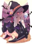 1girl affiliation ass bare_shoulders bat blonde_hair breasts candy candy_cane detached_sleeves elbow_gloves food ghost gloves halloween hat high_heels jack-o&#039;-lantern long_hair looking_at_viewer looking_back medium_breasts original red_eyes sitting skirt smile solo symbol-shaped_pupils thighs wariza witch witch_hat 